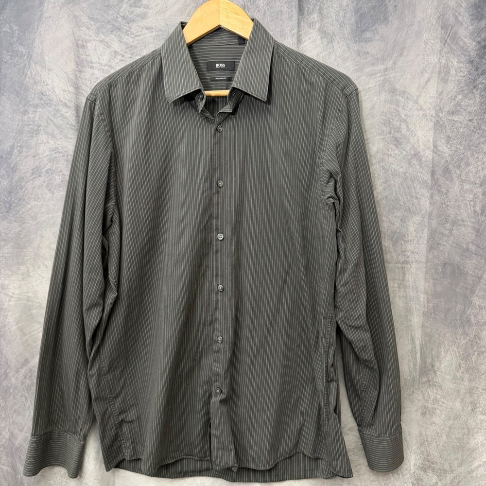 Hugo Boss Regular Fit Pinstripe Dress Shirt Mens 16.5 34/35 Grey Cotton Luxury
